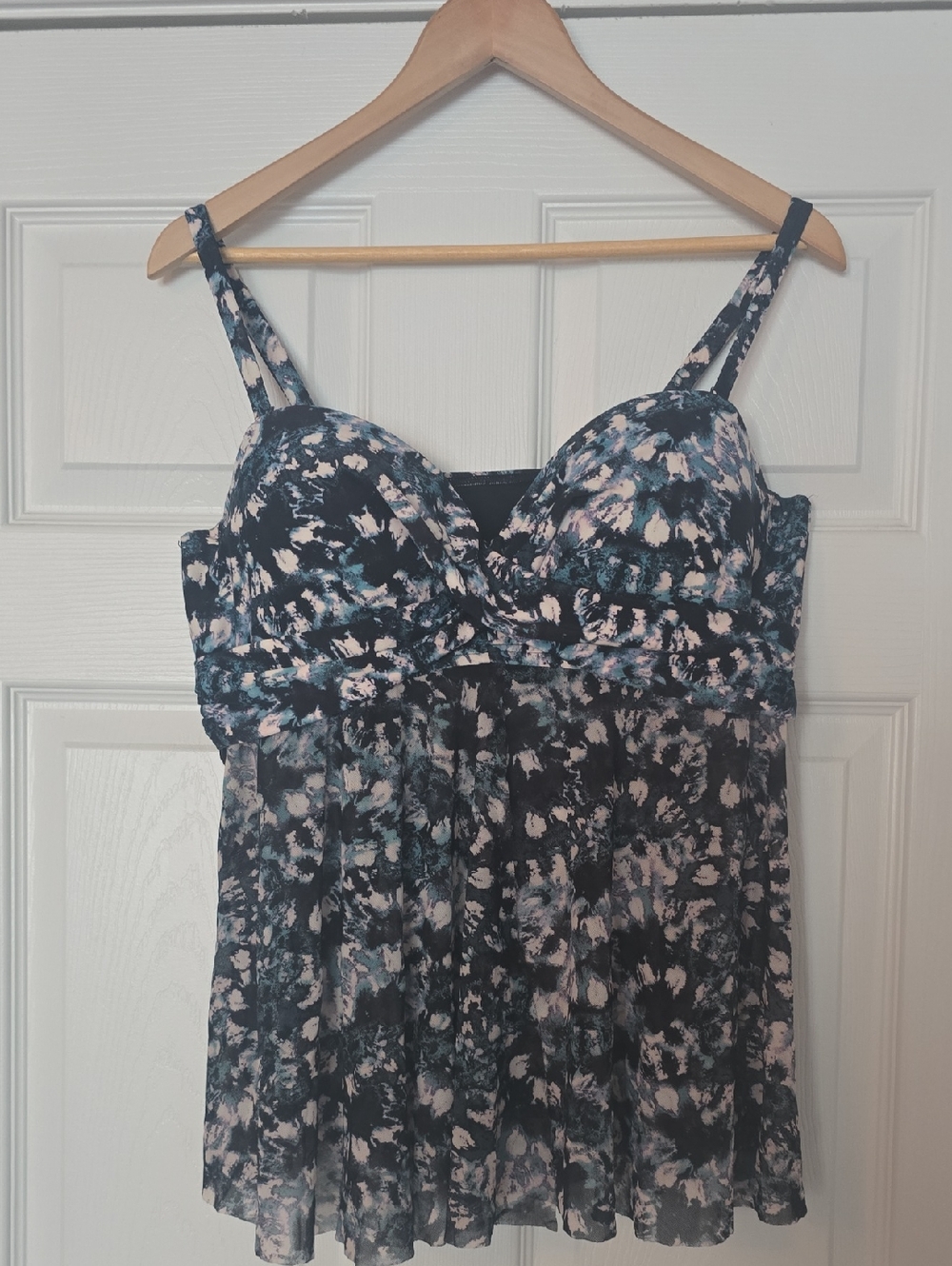 Black Print Mesh Tankini Top